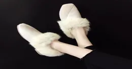 Зимние женские тапочки Меховая обувь Пантофле из мелкого флока с низким квадратным носком, плюшевая обувь на плоской подошве, 2021, на плоской подошве с резиной, римская базовая короткая шерсть из искусственной кожи49998967
