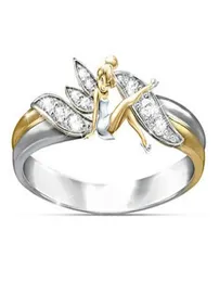 Änglar ringar flickor europeisk stil silver ton 14k guld pläterad strass dekorerad ängel charm förlovningsringar3179137