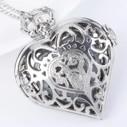 Pocket Watches 100pcs/lot Fashion Silver Heart Shaped Flip Quartz Necklace Women Men Gift Wholesale