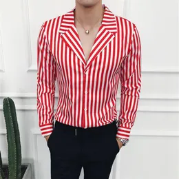 Mäns casual skjortor röd randig klänning mens smala fit koreansk mode erkek gomlek social blus vintage vestido xadrez club2925