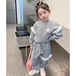 Clothing Sets Autumn Baby Girl Clothes Set Children's Waffle Lace Pullover Sweater Top and Pant Suit Floral Sweatshirt Sweatpant Outfit 230918