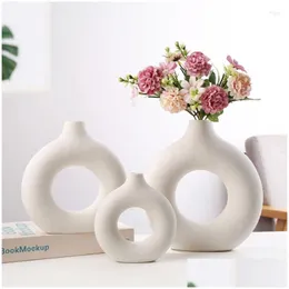 Vases Nordic Doughnut Whtie Yellow Ceramic Flower Vase Circar Hollow Donuts Pot Home Decoration Accessoriesvases Drop Delivery Garden Dh5Xu