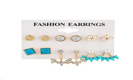 Fashion Ear Studs Round Winding Flower Rhinestone Turquoise Pearl Diamond Earings Set 6Piece Set8188817