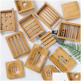 Platos de jabón Plato de bambú Soporte de almacenamiento redondo Cuadrado Natural Durable Drenaje Rack Degradable Ecológico Accesorios de baño Drop Deliv Dhjua