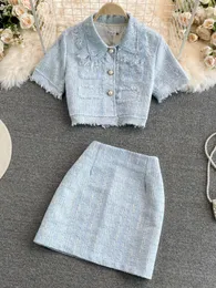 Tvådelt klänning Summer Fashion Tweed 2 Piece Set For Women Korean Single Breasted Tassle Short Sleeve Tops och High midje Bodycon Mini Kjol 230918