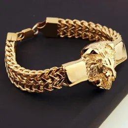 Bangle Domineering Alloy Lion Head Armband Men rostfritt stål Guldfärg Franco Link Chain Luxury Man Armband Gift 230919