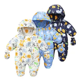 Rompers Overalls babykläder vinter plus sammet född spädbarn pojkar flickor varmt tjockt jumpsuit huva kläder snäckar rock romper 230918