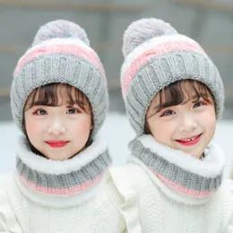 Inverno de malha lã bola gorros para crianças bonito doce mais veludo grosso chapéu cachecol conjunto versão coreana quente meninos meninas bonés