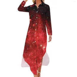 Casual Dresses Red Galaxy Sky Dress North America Nebula Aesthetic Sexy V Neck Trendy Chiffon Long Sleeve Vestido Big Size