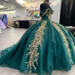 Emerald Green Sweetheart Ball Gown Quinceanera Dresses Gold Applique Lace Beads Sweet 16 Dress Pageant Gowns Vestidos De 15 Anos