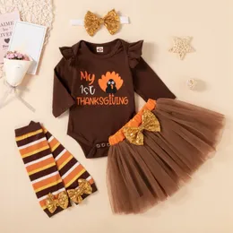 Kleidung Sets 4 stücke Baby Thanksgiving Kleidung Kleinkind Mädchen Anzüge Cartoon Türkei Muster Tops Mesh Rock mit Leggings Haarband 230919