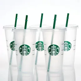 Starbucks Mugs 24oz 710ml Plastic Tumbler Reusable Black Drinking Flat Bottom Cups Pillar Shape Lid Straw FY4448 0626223D