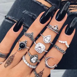 Cluster Rings Update Ancient Sier Knuckle Ring Set Diamond Moon Crown Heart Stacking Midi Fashion Women Jewelry Drop Delivery DHZ1R