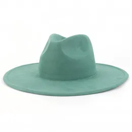 9 5 cm Big Brim Jazz Fedora Hats Män Suede tyg Heart Top Felt Cap Women Luxury Designer Brand Party Green Fascinator Hats2170