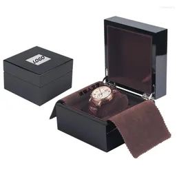 Scatole per orologi Scatola quadrata singola Vernice nera brillante Logo di personalizzazione dell'organizzatore di orologi in legno con cinturino di lusso