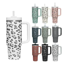 Вакуумный стакан из нержавеющей стали Leopard на 40 унций с ручкой, крышкой, соломой, большой емкости, пивные кружки, бутылки с водой, чашка для кемпинга на открытом воздухе, изолированные чашки для питья 919
