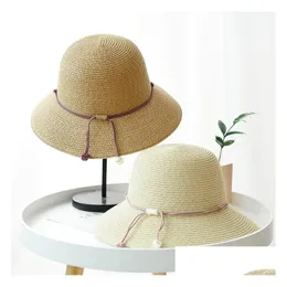 Summer Women Bucket Hat Składane czapki z Pearl Pendant Sun Cap for Lady Wide Brim Bonnet Fisherman Ship Drop dostawa dhlpr