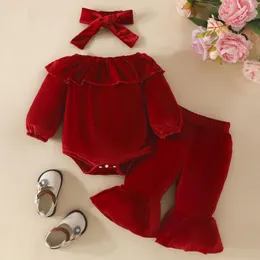 衣類セットクリスマス生まれの女の赤ちゃん0-24m赤いベルベットオフショルダーフリル長袖のボディスーツフレアパンツXmasの衣装