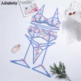 Bras Sets Aduloty Women Hollow Out Seductive Underwear Blue Embroidery Flowers Bra Thong Garters 3 PS Summer Sexy Erotic Lingerie Set 211104 L230919