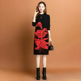 Sonbahar Kış Çiçek Örme Elbise 2023 Moda Tasarımcısı Kadınlar Tatil Seyahat O yakalı Parti Grafik Sweaters Elbise Uzun Kollu Ofis Lady Elegant Mii Frocks