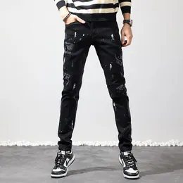 Men's Jeans High Street Fashion Men Black Elastic Stretch Slim Fit Painted Ripped Beading Patched Designer Hip Hop Pants Hombre