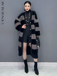 Женские куртки SHENGPALAE, модные полосатые женские ветровки Villus, осень 2023, однобортный тренч с v-образным вырезом контрастного цвета 5R6000 230918