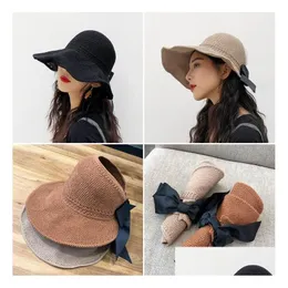 Nuovo Ventilare St Cappello Donne Pieghevoli Cappelli da Sole con Bowknot Vuoto Top a Tesa Larga Primavera Estate Fedora Cap Consegna di Goccia Dh6Jo