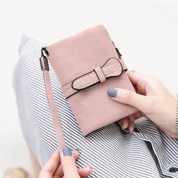 Wallets Multifunction Short Purse Fold Women Drawstring Nubuck Leather Zipper Wallet With Wrist Strap Ladies Carteira Feminina