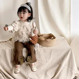 Kläderuppsättningar 2023 Autumn Baby Girls 3st kläder Set Cotton Long Sleeve Versatile Tops paljett Camisole Flare Pants Su