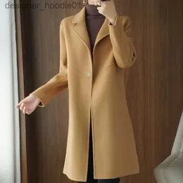 Kvinnors ull blandar vintern nya kvinnor långt dubbelsidig kashmir kappa kvinnlig elegant smal passform hepburn stil ull outwear mode all-match outcoat l230920