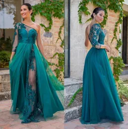 2022 Chic Türkis Spitze Brautjungfernkleider One Shoulder A Line Sheer Long Sleeve Plus Size Country Maid of Honor Gowns Prom Dress2662623