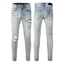 デザイナースタックジーンズヨーロッパパープルジーンズの男性刺繍キルティングトレンドのためにリッピングビンテージパンツメンズフォールドスリムスキニーファッションJeansamk8