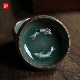Çay Bardakları Longquan Celadon Porselen Çay Çayırcıları Çin Çaydan Altın Balık Çay Kupası Kase 60ml Crackle Çay Set Bardakları Damla 230919