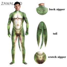 キャットスーツの衣装Zawaland Men 3D Crocodile Texture Printed Animal Cosplay Costume Bodysuit Toly Crotch Zipper Jumpsuits Catsuit Zentai Suits