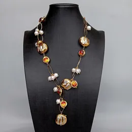 Chokers Y YING Süßwasser-Zuchtperle, weiße Biwa-Perle, braune Muranoglas-Kette, Y-Tropfen-Halskette, 53,3 cm, 230920