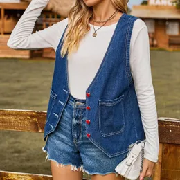 Damenwesten Mode Frauen Denim Weste Button Down Damen V-Ausschnitt ärmellose Jacke Vintage Jean Weste Chaleco Tasche lose Streetwear