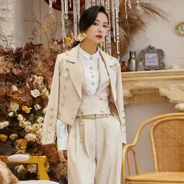 Womens Two Piece Pants AKSAYA Women Four Piece Set Neutral Handsome Suits Brithish Vintage Elegant Pantsuit Female Double Breasted Blazer Suits 230920