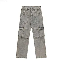 High Street Washed Multi Pocket Straight Tube Work Jeans Vibe Style Line Spliced Loose Relaxed Pantssuym