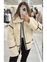 Casaco feminino de pele falsa com zíper, casaco solto manga comprida lapela gola grossa, moda inverno 2023, roupa feminina quente de rua