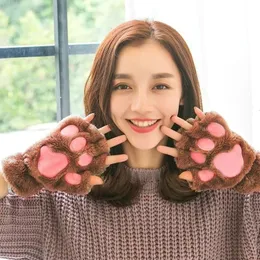 Five Fingers Gloves Winter Warm Cartoon Cat Paw For Women Girls Thermal Fingerless Cute Soft Short Plush Half Finger 230919