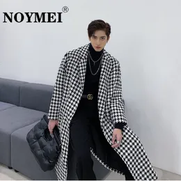 Mężczyźni mieszanki Noymei Contrast Kolor stylu koreański Pasek Lapowy Rów Plaid Autumn Winter Windbreaker Mężczyzna wełniany płaszcz WA2596 230920