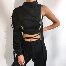 Kvinnors tankar cami sexig en axel reflekterande skördetoppar choker justerbar spänne lång ärm täcker oregelbunden t -shirt rave rycker c63f 230919