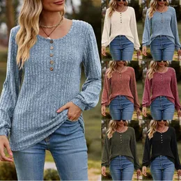Suéter feminino primavera outono sólido solto blusa casual pulôver jumper suéter tops decote em v manga comprida malhas botões estiramento com nervuras