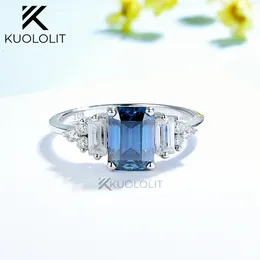 Bröllopsringar Kuololit 1CT Blue Ring för kvinnor Solid 14K 10K Yellow Gold Origanal Emerald Cut Engagement Christmas 230920