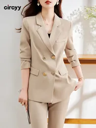 Womens Suits Blazers Circyy Office Wear Mulheres Outono Twopiece Khaki Pant Double Breasted Manga Longa Blazer Cintura Alta Bolsos Calças 230920