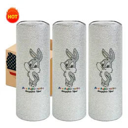 USA warehouse free shipping silver rough glitter blank sublimation 20oz skinny straight tumbler with lids double wall Stainless Steel Travel Mug with white box