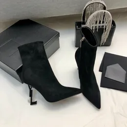 Opyum Anke Botas apontadas dedos camurça bota curta carta salto alto sola de couro genuíno para mulheres botas de luxo designer sapatos de salto calçado de fábrica