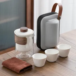 Conjuntos de chá com 3 xícaras Modern Minimalista Cerâmica Portátil Viagem Bule Caso Wood Handle Gongfu Pot para casa e escritório
