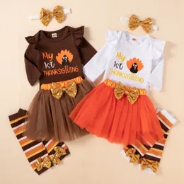 Kläder sätter babykläder tacksägelse dag söta spädbarn flickor långärmad kalkon tryck romper spets tutu kjolar pannband 3 st 230919