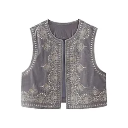 Women s Vests PB ZA 2023 Autumn Vintage Fashion Casual Versatile Temperament Bead Embroidery Velvet Short Vest 230920